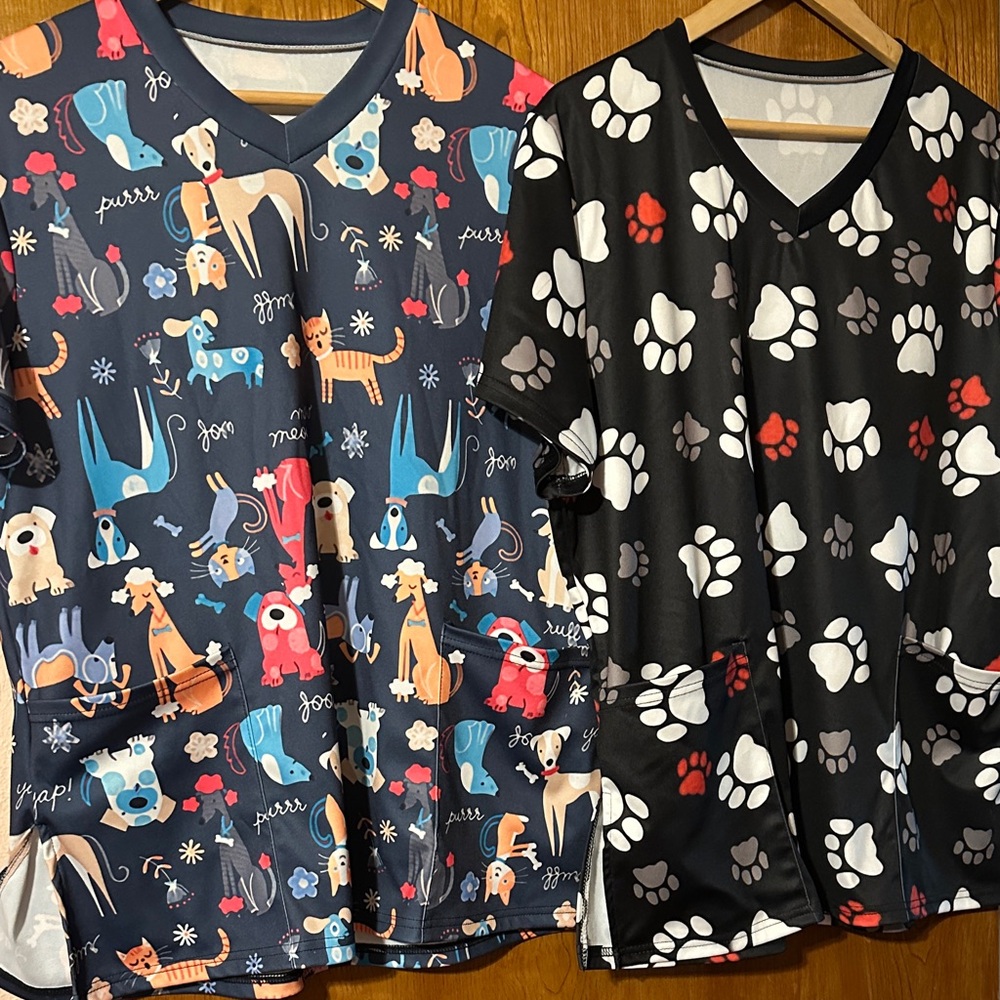 Dog and Cat Print Scrub Tops - Blue and Black